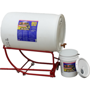 55 GALLON DRUM OF LIQUITUBE BALLAST SEAL TIRE SEALANT WITH A FILL KIT AND EMPTY BUCKET AND LID.