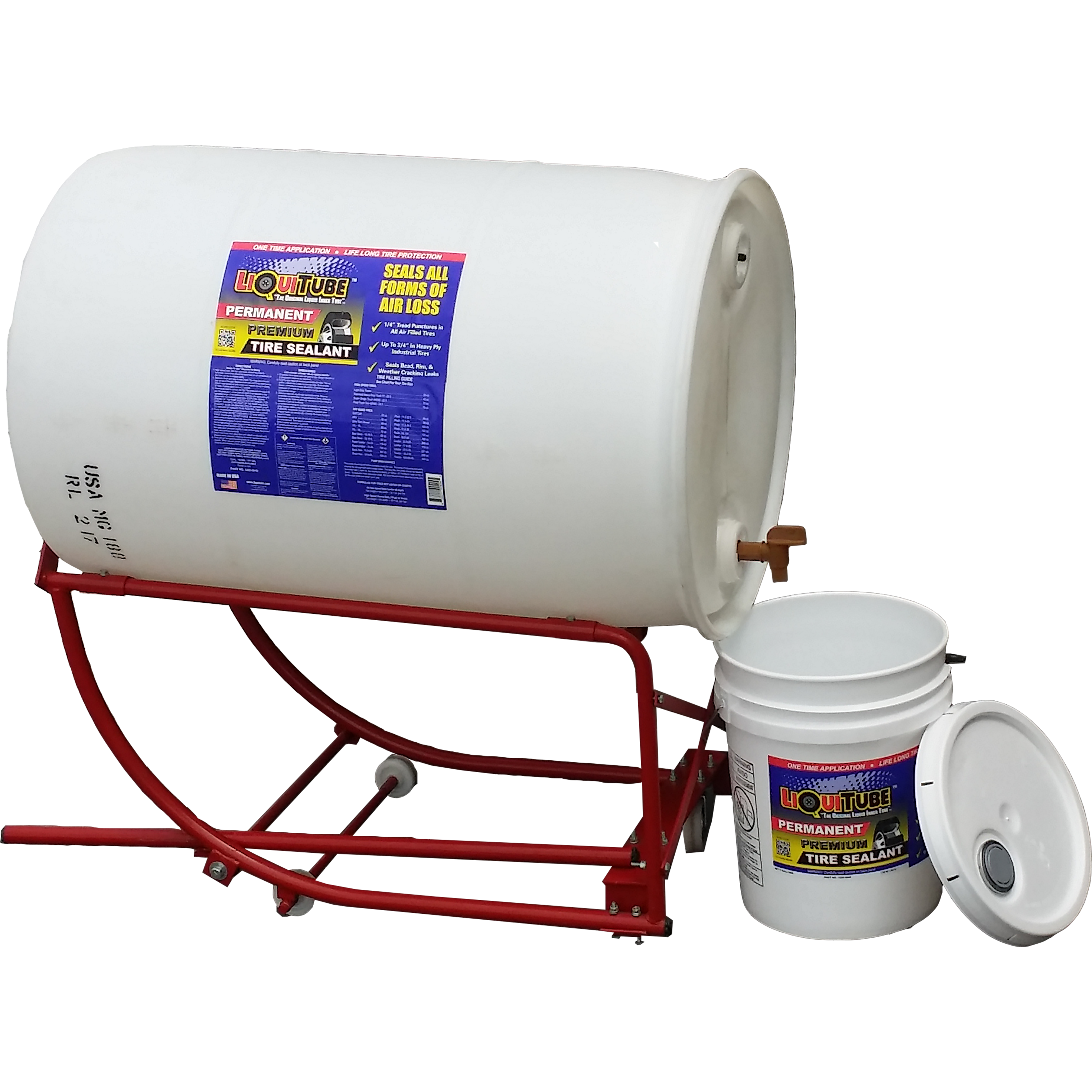 55 GALLON DRUM OF LIQUITUBE BALLAST SEAL TIRE SEALANT WITH A FILL KIT AND EMPTY BUCKET AND LID.